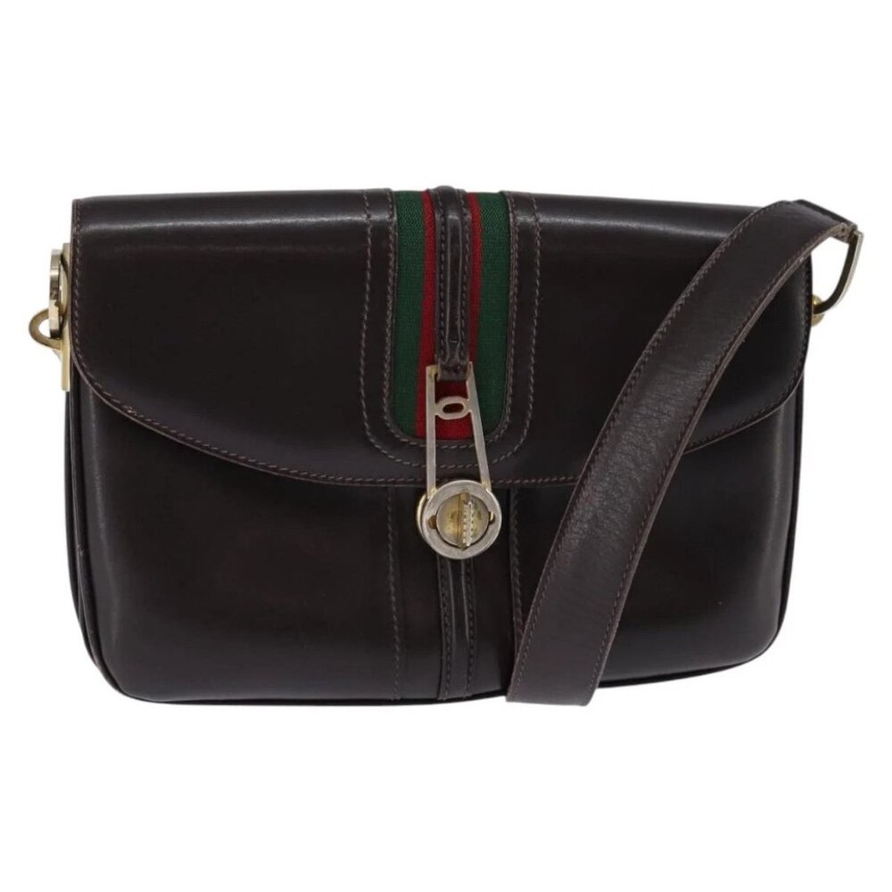 GUCCI Web Sherry Line Shoulder Bag Leather Dark Brown Gold Red Auth ep11429 - Picture 2 of 16